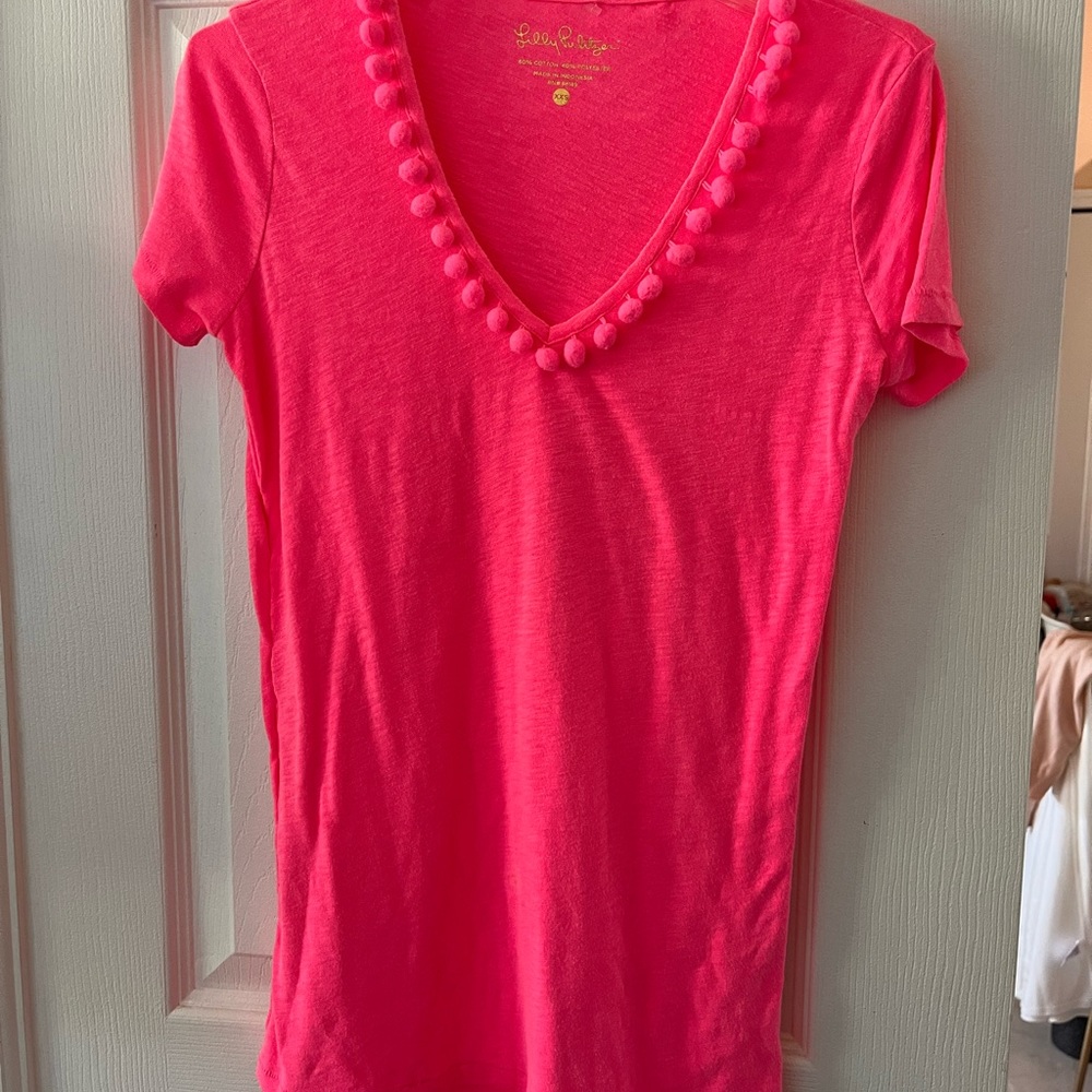 Lilly Pulitzer Pink V-Neck Pom Pom Trim Top